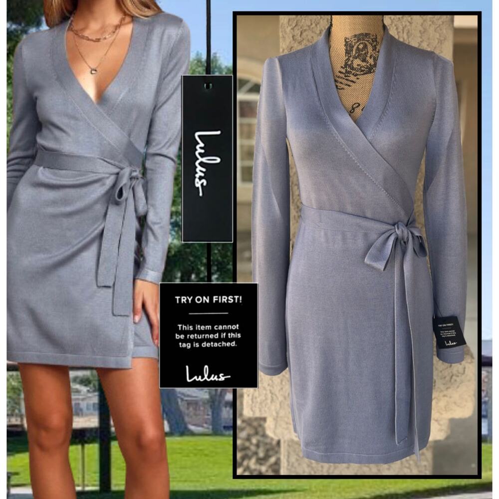 Lulus Literary Lover Slate Blue Wrap Sweater Dress Size M